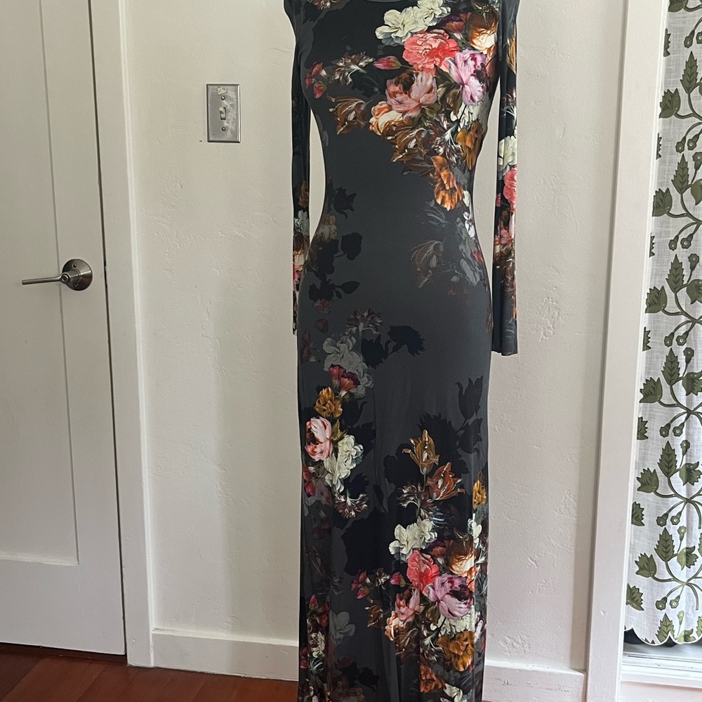 Lavender Brown Dark Gray Floral Maxi Dress with Pink & Gold Blooms